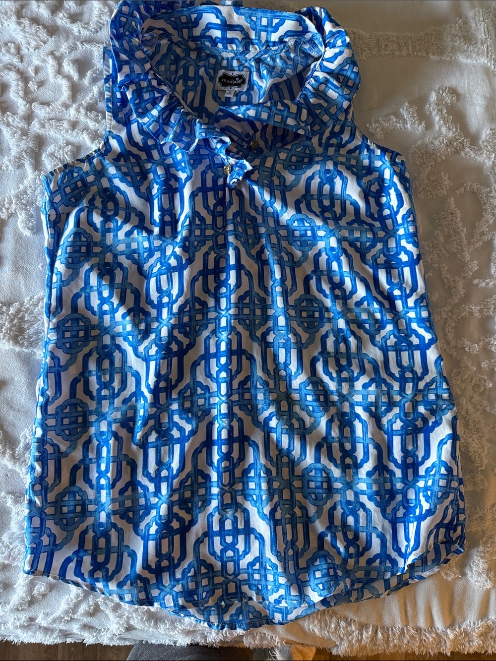 Mud Pie Blue and White Geometric Sleeveless Blouse